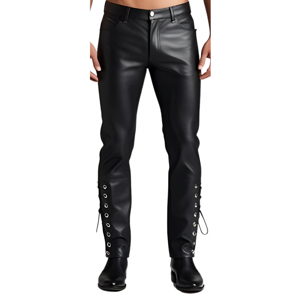Pantalon jeans cuir homme coupe agneau noir lacets sur côtés bas pantalon modèle Nacho