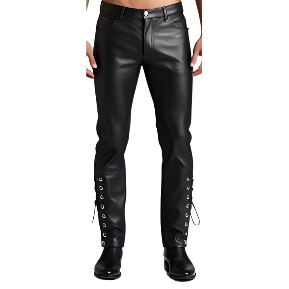 Pantalon jeans cuir homme coupe agneau noir lacets sur côtés bas pantalon modèle Nacho