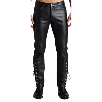 Pantalon jeans cuir homme coupe agneau noir lacets sur côtés bas pantalon modèle Nacho