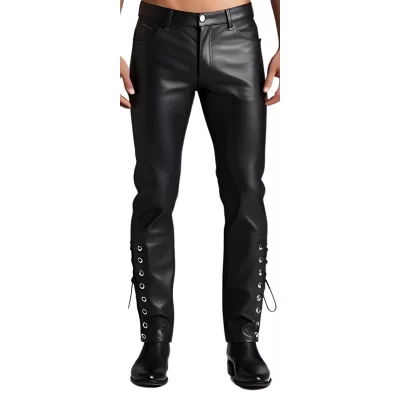 Pantalon jeans cuir homme coupe agneau noir lacets sur côtés bas pantalon modèle Nacho