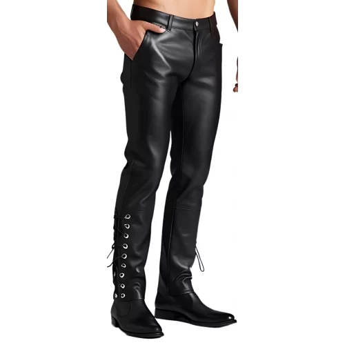 Pantalon jeans cuir homme coupe agneau noir lacets sur côtés bas pantalon modèle Nacho