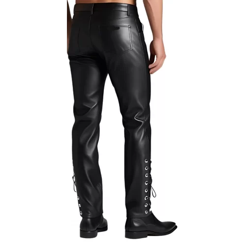 Pantalon jeans cuir homme coupe agneau noir lacets sur côtés bas pantalon modèle Nacho