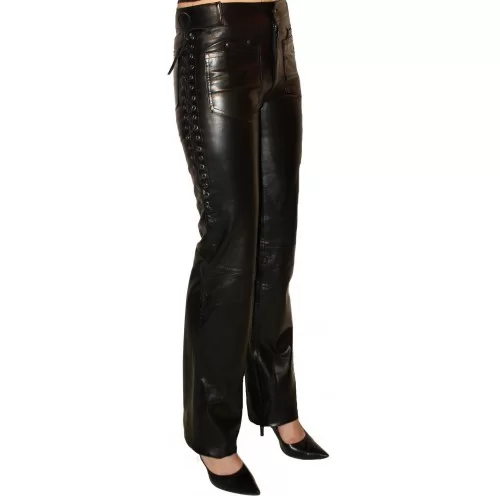 Pantalon en cuir d'agneau noir avec lacets sur les côtés modèle Celina