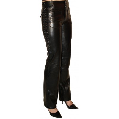 Pantalon en cuir d'agneau noir avec lacets sur les côtés modèle Celina