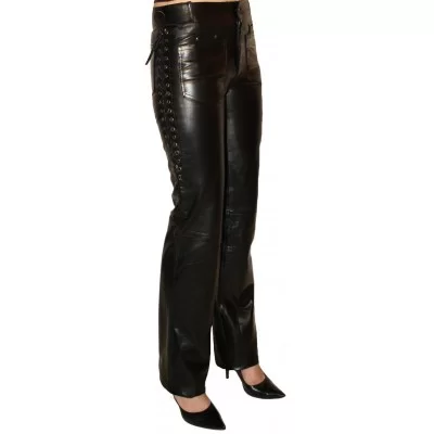 Pantalon en cuir d'agneau noir avec lacets sur les côtés modèle Celina