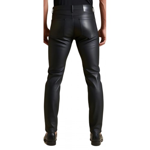 Pantalon type jeans homme en cuir d'agneau plongé empiècements rectangulaires vernis noir modèle Yvonin