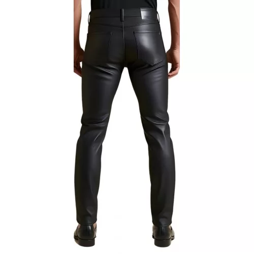 Pantalon type jeans homme en cuir d'agneau plongé empiècements rectangulaires vernis noir modèle Yvonin