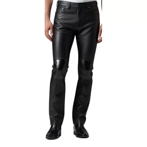 Pantalon type jeans homme en cuir d'agneau plongé empiècements rectangulaires vernis noir modèle Yvonin