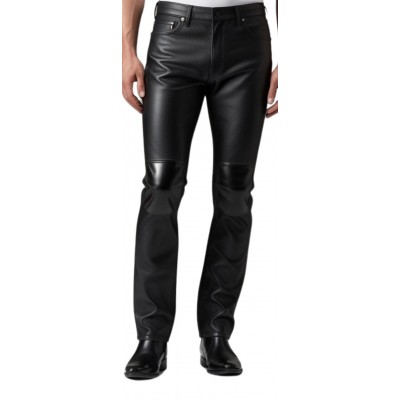 Pantalon type jeans homme en cuir d'agneau plongé empiècements rectangulaires vernis noir modèle Yvonin