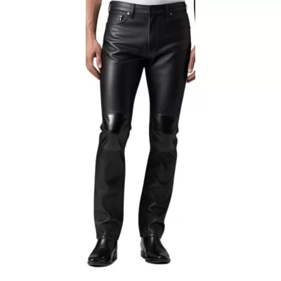 Pantalon type jeans homme en cuir d'agneau plongé empiècements rectangulaires vernis noir modèle Yvonin