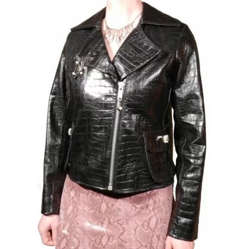 Blouson femme perfecto en vachette noire impression crocodile modèle Rockita