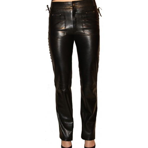 Pantalon en cuir d'agneau noir avec lacets sur les côtés modèle Celina