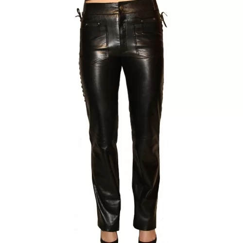 Pantalon en cuir d'agneau noir avec lacets sur les côtés modèle Celina