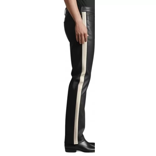 Pantalon type jeans homme en cuir d'agneau plongé noir bandes en agneau blanc cassé sur les côtés modèle Oruce