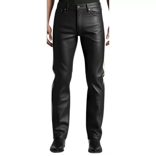 Pantalon type jeans homme en cuir d'agneau plongé noir bandes en agneau blanc cassé sur les côtés modèle Oruce