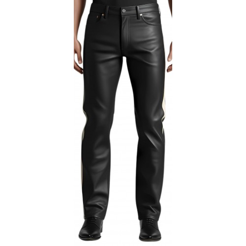 Pantalon type jeans homme en cuir d'agneau plongé noir bandes en agneau blanc cassé sur les côtés modèle Oruce