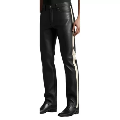 Pantalon type jeans homme en cuir d'agneau plongé noir bandes en agneau blanc cassé sur les côtés modèle Oruce
