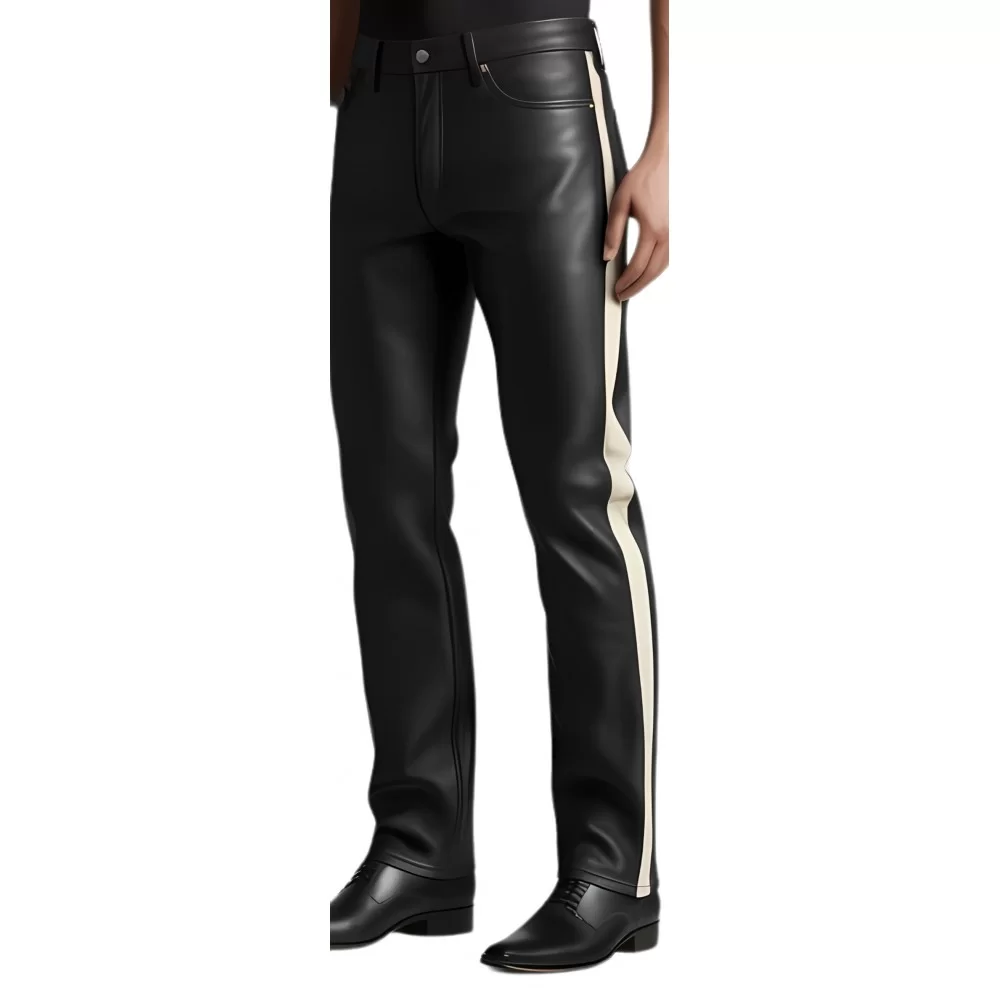 Pantalon type jeans homme en cuir d'agneau plongé noir bandes en agneau blanc cassé sur les côtés modèle Oruce