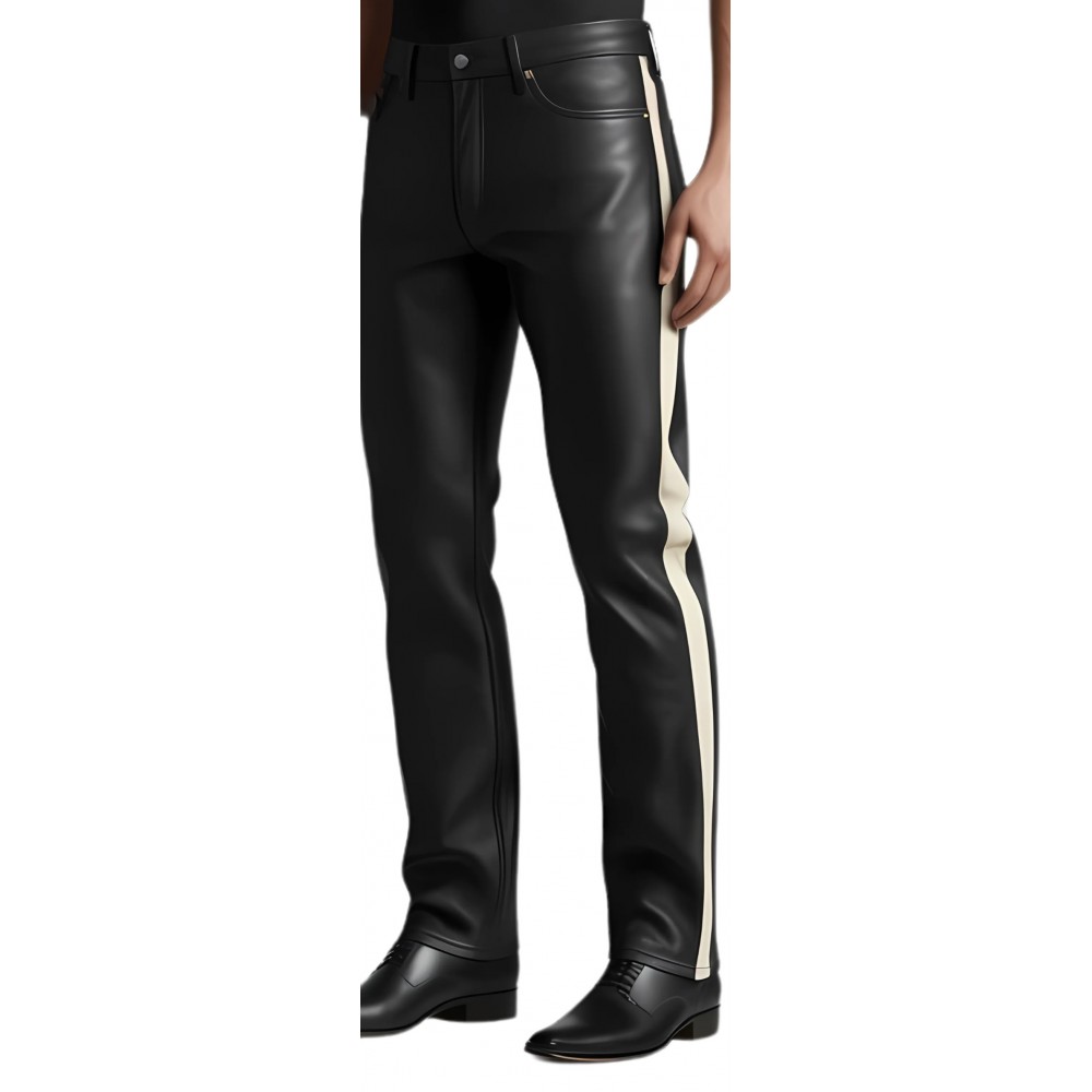 Pantalon type jeans homme en cuir d'agneau plongé noir bandes en agneau blanc cassé sur les côtés modèle Oruce