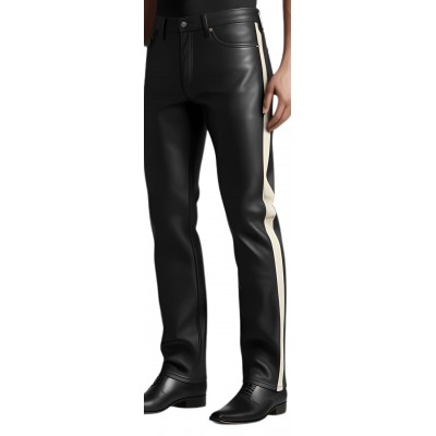 Pantalon type jeans homme en cuir d'agneau plongé noir bandes en agneau blanc cassé sur les côtés modèle Oruce
