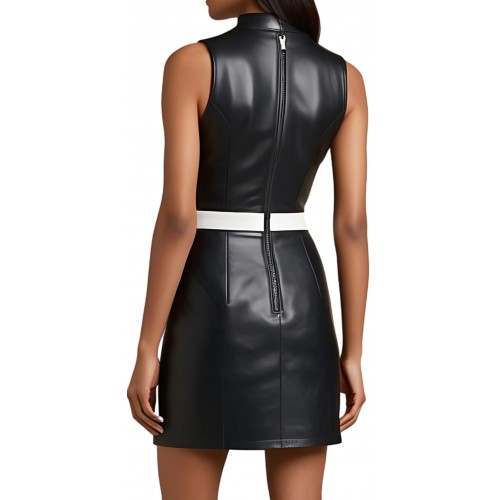 Robe sans manches en cuir mi longue en agneau noir et ceinture en agneau blanc 2 fentes sur l'avant modèle Sanoda