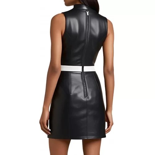 Robe sans manches en cuir mi longue en agneau noir et ceinture en agneau blanc 2 fentes sur l'avant modèle Sanoda