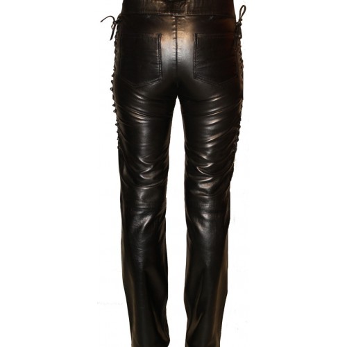 Pantalon en cuir d'agneau noir avec lacets sur les côtés modèle Celina