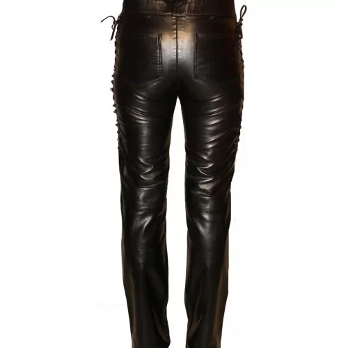 Pantalon en cuir d'agneau noir avec lacets sur les côtés modèle Celina