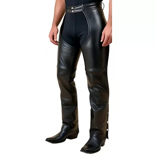 Chaps en cuir en agneau noir fermeture par pressions en bas modèle Imiza