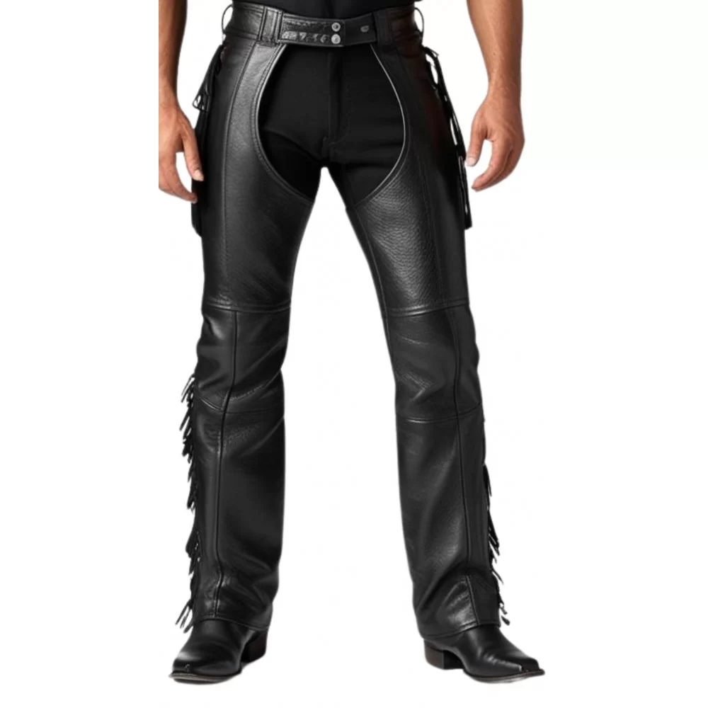 Chaps cuir en vachette noir franges sur côtés modèle Bridge