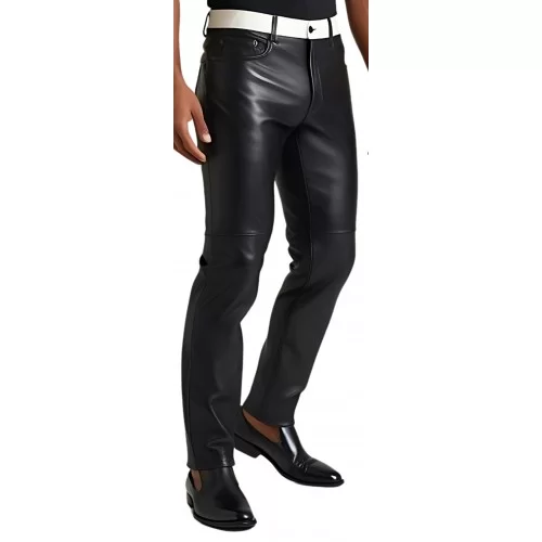 Pantalon jeans cuir homme en agneau noir ceinture en agneau blanc modèle Herike