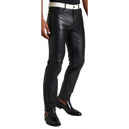 Pantalon jeans cuir homme en agneau noir ceinture en agneau blanc modèle Herike