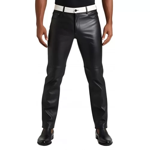 Pantalon jeans cuir homme en agneau noir ceinture en agneau blanc modèle Herike