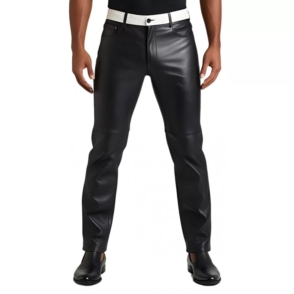 Pantalon jeans cuir homme en agneau noir ceinture en agneau blanc modèle Herike