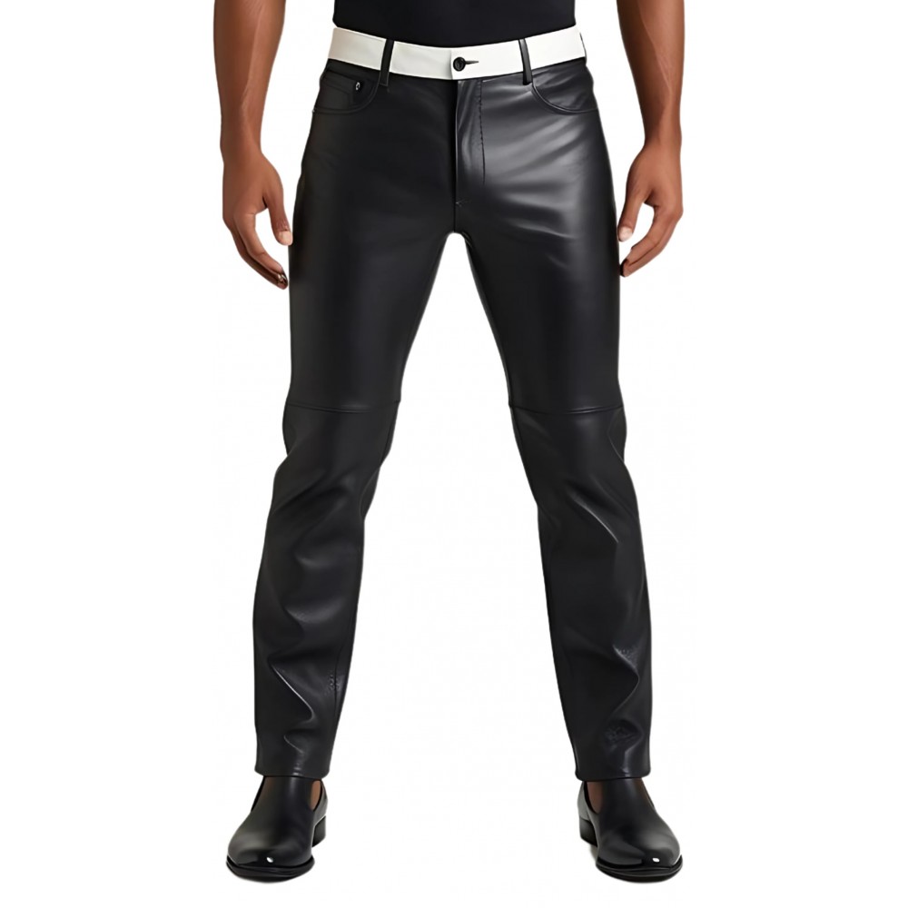 Pantalon jeans cuir homme en agneau noir ceinture en agneau blanc modèle Herike