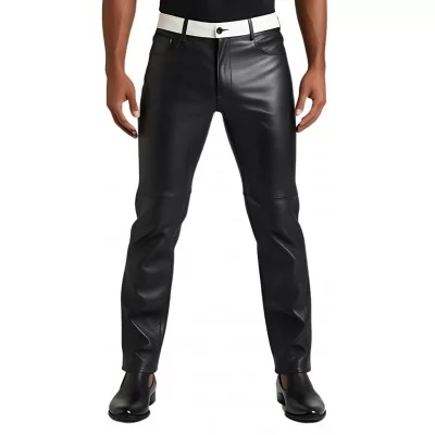 Pantalon jeans cuir homme en agneau noir ceinture en agneau blanc modèle Herike