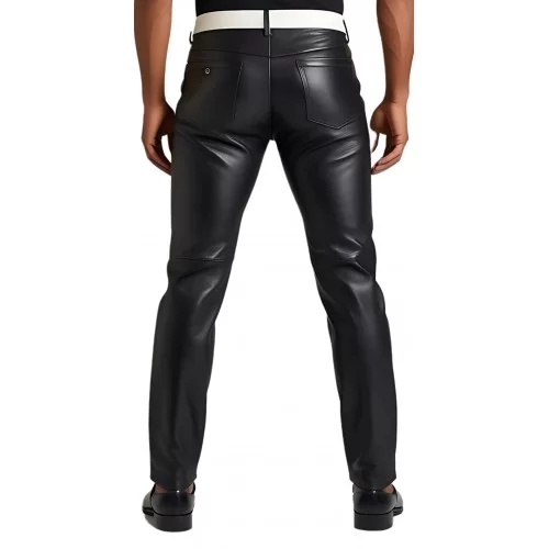 Pantalon jeans cuir homme en agneau noir ceinture en agneau blanc modèle Herike