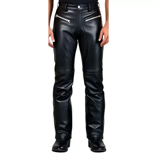 Pantalon jeans coupe motard avec zip en cuir de vachette noire modèle Bikky