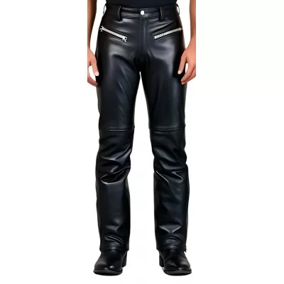 Pantalon jeans coupe motard avec zip en cuir de vachette noire modèle Bikky