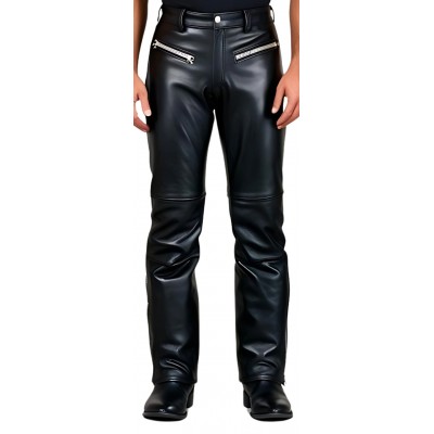 Pantalon jeans coupe motard avec zip en cuir de vachette noire modèle Bikky