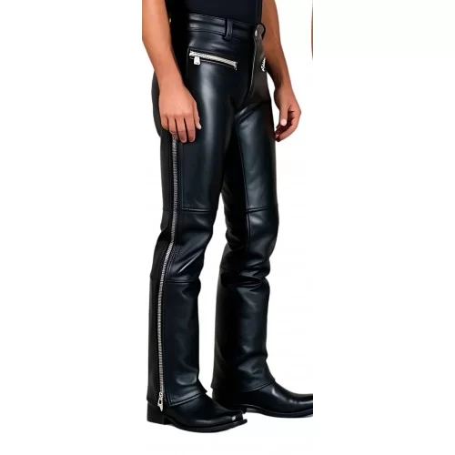 Pantalon jeans coupe motard avec zip en cuir de vachette noire modèle Bikky