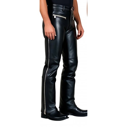 Pantalon jeans coupe motard avec zip en cuir de vachette noire modèle Bikky