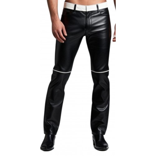 Pantalon jeans cuir homme en agneau noir ceinture en agneau blanc modèle Cerone