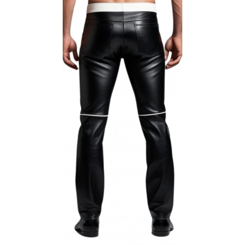 Pantalon jeans cuir homme en agneau noir ceinture en agneau blanc modèle Cerone