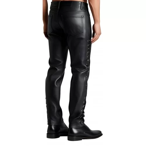 Pantalon cuir homme vachette plongé noir avec lacets sur les côtés modèle Kapla