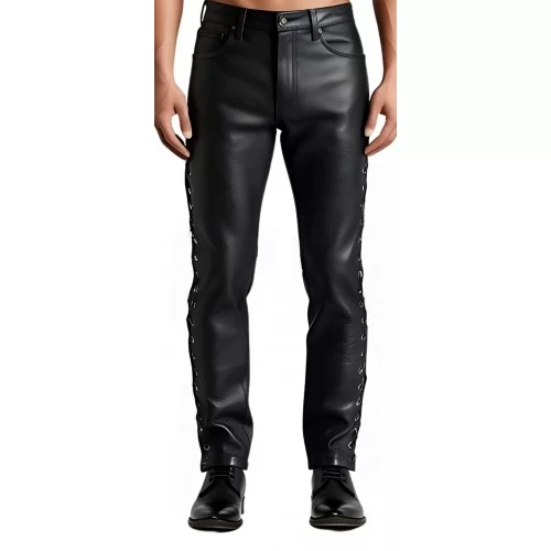 Pantalon cuir homme vachette plongé noir avec lacets sur les côtés modèle Kapla