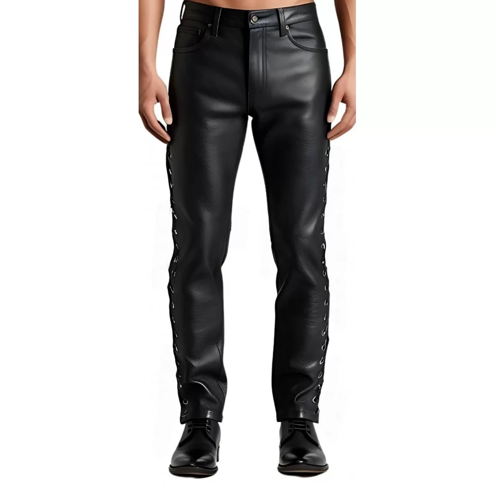 Pantalon cuir homme vachette plongé noir avec lacets sur les côtés modèle Kapla