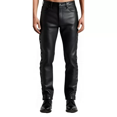 Pantalon cuir homme vachette plongé noir avec lacets sur les côtés modèle Kapla