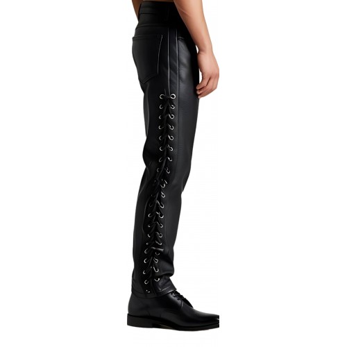 Pantalon cuir homme vachette plongé noir avec lacets sur les côtés modèle Kapla