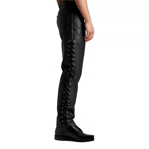 Pantalon cuir homme vachette plongé noir avec lacets sur les côtés modèle Kapla